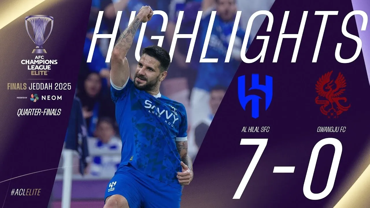 ไฮไลท์ฟุตบอล เอเอฟซี แชมเปี้ยนส์ ลีก อีลิท รอบ 8 ทีมสุดท้าย อัล ฮิลาล ถล่ม กวางจู เอฟซี 7-0 วันที่ 26/04/2568